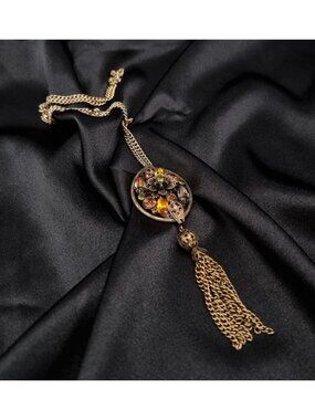 Vintage 1950s Gold-Tone Pendant Necklace With Colorful Rhinestones & Tassel Acce